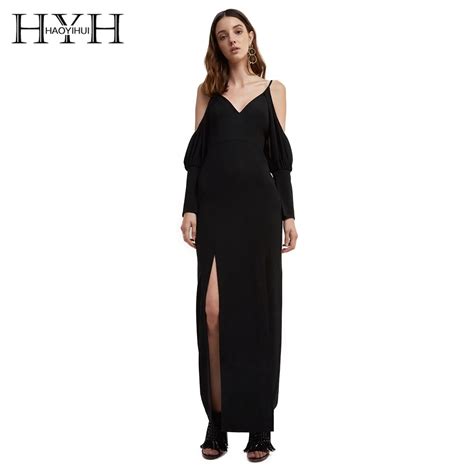 Hyh Haoyihui 2018 Solid Black And White Sexy Women Long Dress V Neck