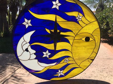 So Pretty Crescent Moon Sun And Stars Leaded Stained Glass Window