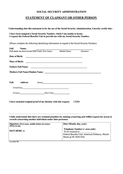Complete an application for a social security card, form. Social Security Administration Statement Of Claimant Or ...