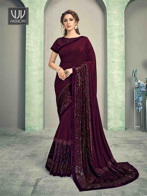 fascinating wine color lycra designer party wear saree in 2021 party wear sarees half saree