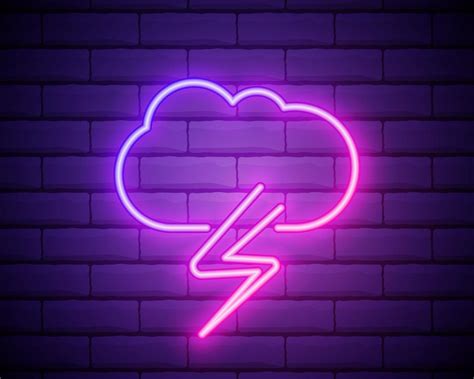 Lilac Pink Neon Sign On Brick Wall Storm Cloud With Rain And Lightning