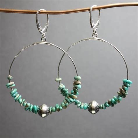 Genuine Turquoise Beaded Hoops In Sterling Silver Turquoise Earrings