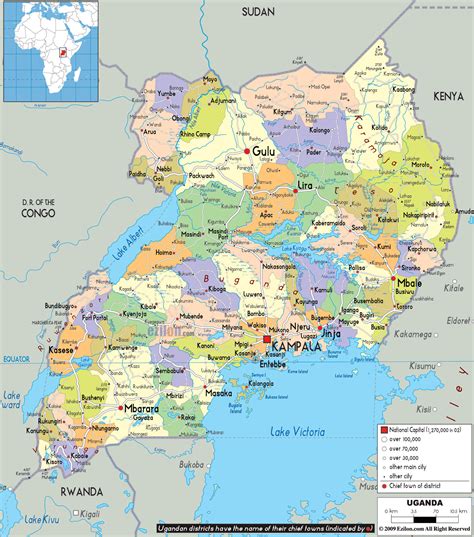 Большая детальная административная карта Уганды со всеми городами