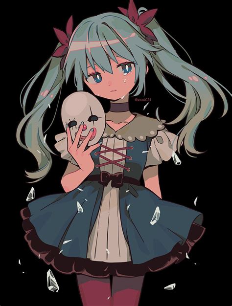 safebooru 1girl blue eyes blue hair blue nails brown choker choker clown mask crying dress