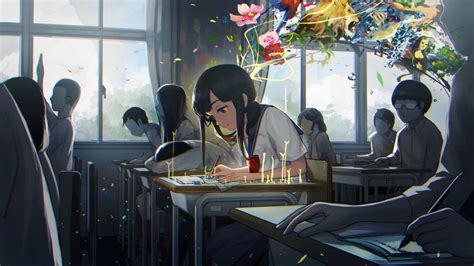 Creativity Anime Girls School Trees School Uniform Desk Abstract