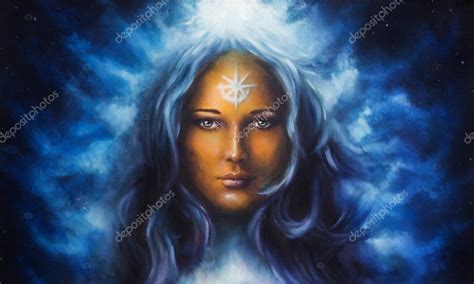 Spiritual Painting Woman Goddess With Long Blue Hair Holdingn Eye