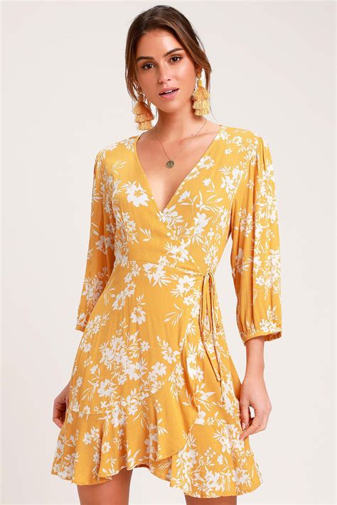 Floral In This Together Mustard Yellow Floral Print Wrap Dress Summer Dresses With Sleeves