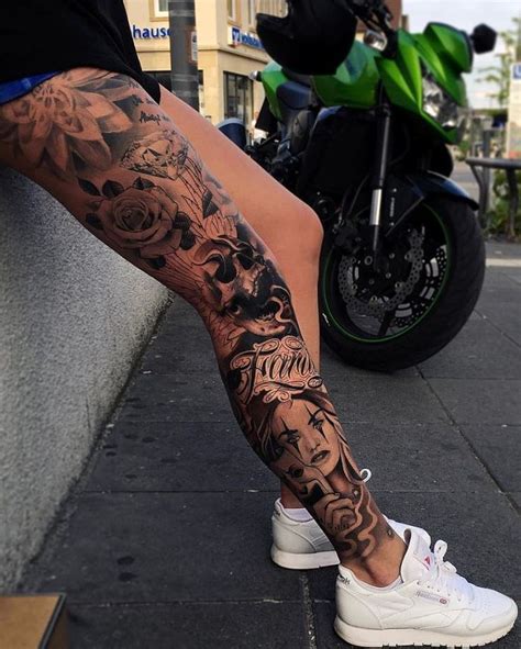 Black Gray Leg Sleeve Tattoo InkStyleMag Leg Tattoos Women Leg Sleeve Tattoo Girls With