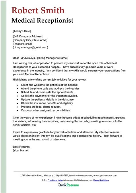 Medical Receptionist Cover Letter Examples Qwikresume