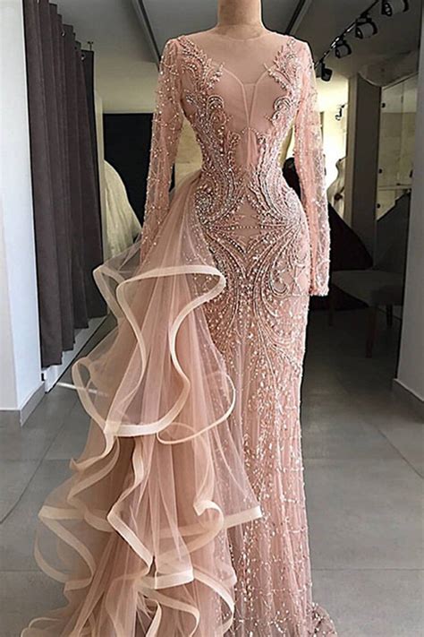 2021 Gorgeous Champagne Pink Long Sleeves Mermaid Formal Mother Prom