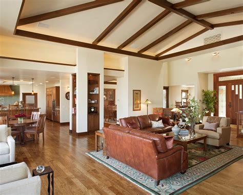 Modern Living Room With Vaulted Dark Stained Wood Ceiling Beams Gallery