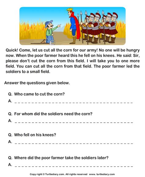 You read from top to down of the text quickly to find the specific information you need to answer questions. Read Comprehension King and Farmer and Answer the ...