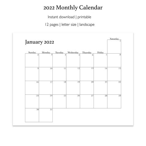 2022 Monthly Calendar Printable Landscape Letter Size Etsy Canada