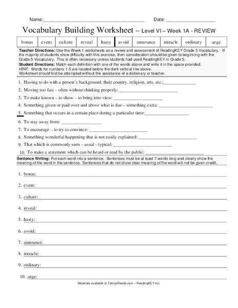 Vocabulary Building Worksheet Worksheet For 4th 5th Grade Lesson Planet