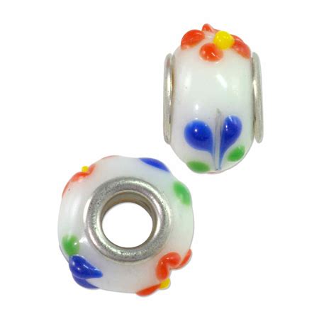 Large Hole Glass Bead With Grommet 9x15mm White With Red Flowers And Blue Swirls 1 Pc