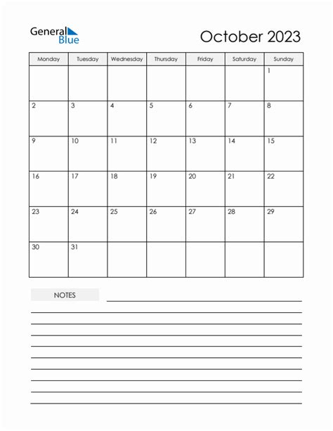 October 2023 Monday Start Calendar Pdf Excel Word