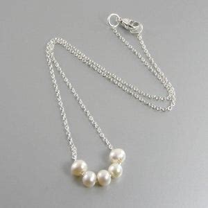 Five Pearl Sterling Silver Necklace Floating Pearl Necklace Etsy