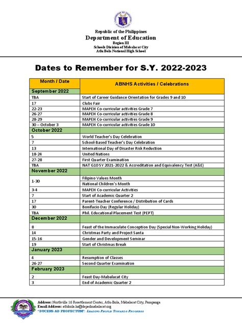 Dates To Remember For Sy 2022 2023 Pdf Observances Public Holiday