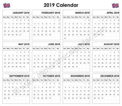 Yearly 2019 Calendar Uk 12 Month 2019 Calendar Printable