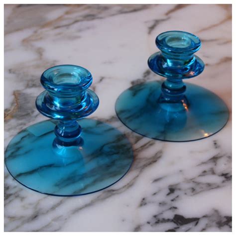 M5515 Antique Pair Of Blue Depression Glass Candle Holders Etsy