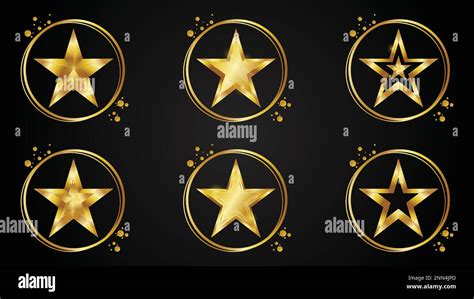 Set Of Golden Stars With Gold Circle Ring Vector Illustration Isolated