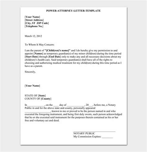 Letter For Power Of Attorney Template