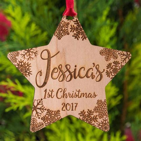 Babys First Christmas Personalised Wooden Bauble Star Shape Engraved