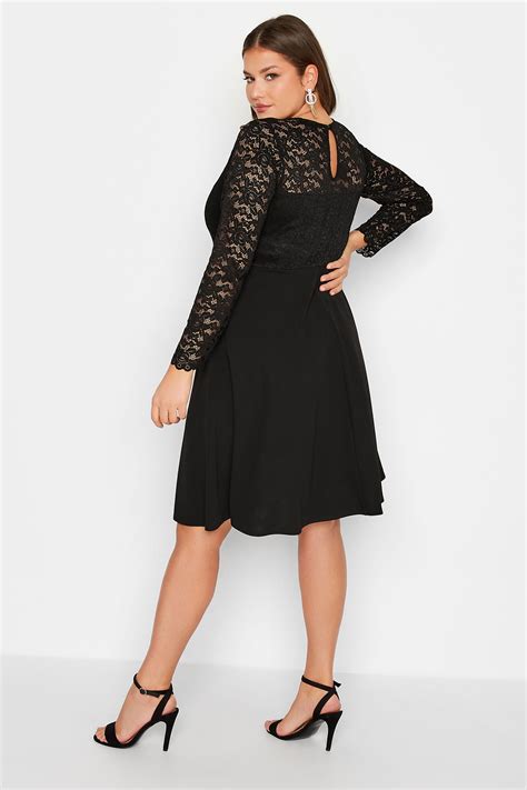Yours London Plus Size Black Lace Plunge Skater Dress Yours Clothing