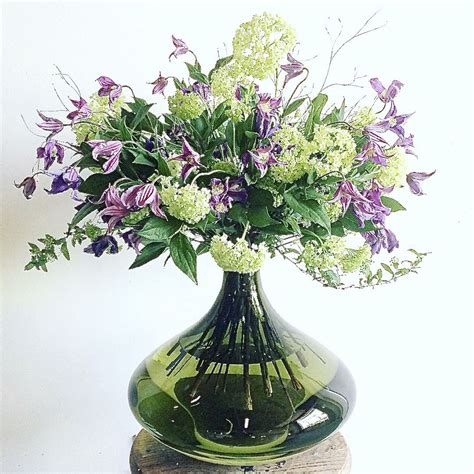 Green Vase With Purple Clematis And Green Guelder Roses Guelder Purple
