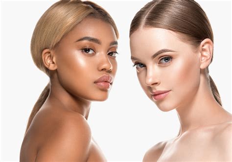 Two Wemen With Dark And Light Skin Tone Caucasian And African American Models With Different
