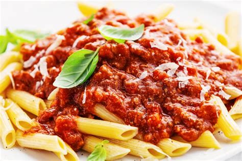 Bolognese Penne Pasta Served On Plate Stock Photo Image Of Nutrition