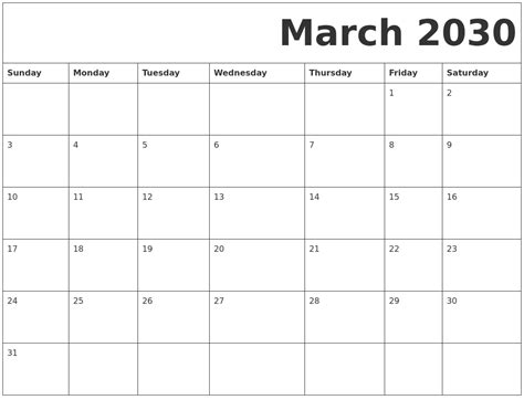 March 2030 Free Printable Calendar