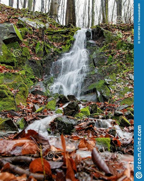 Small Waterfall In Forest Water Flows Over Mossy Stones Long Exposure