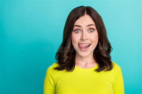Photo Of Funny Brunette Hair Millennial Lady Lick Mouth Wear Yellow