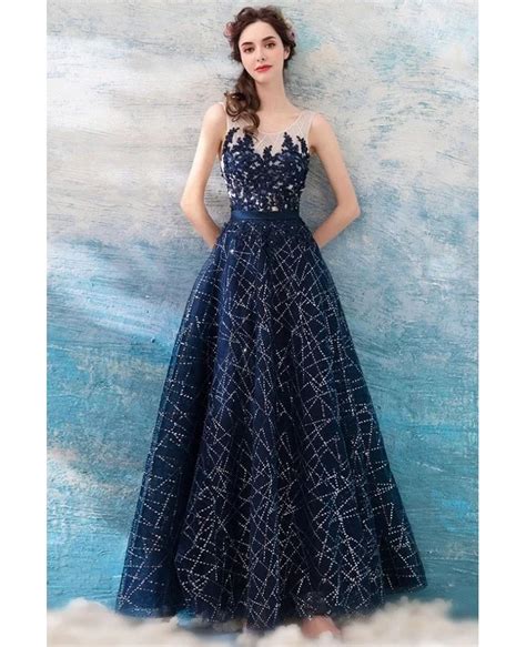 Sparkly Sequin Navy Blue Long Prom Dress With Lace Bodice Wholesale T69305