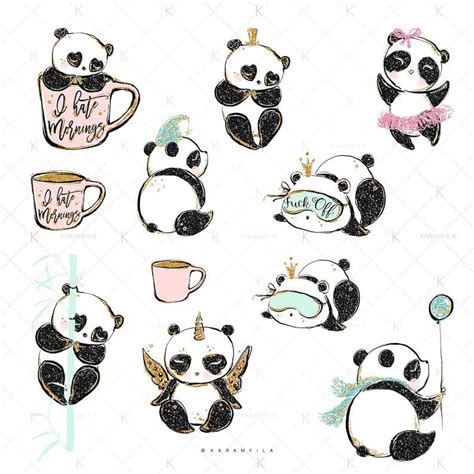 Panda Clipart Cute Pandas Planner Stickers Glitter Bamboo | Etsy