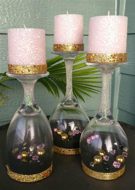 Upside Down Wine Glass Candle Holders Set Of 3 Etsy Centros De Mesa