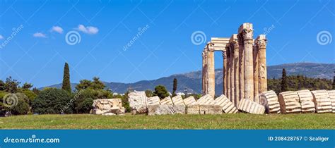 Greek Olympian Zeus Temple Landscape Of Ancient Ruins In Athens