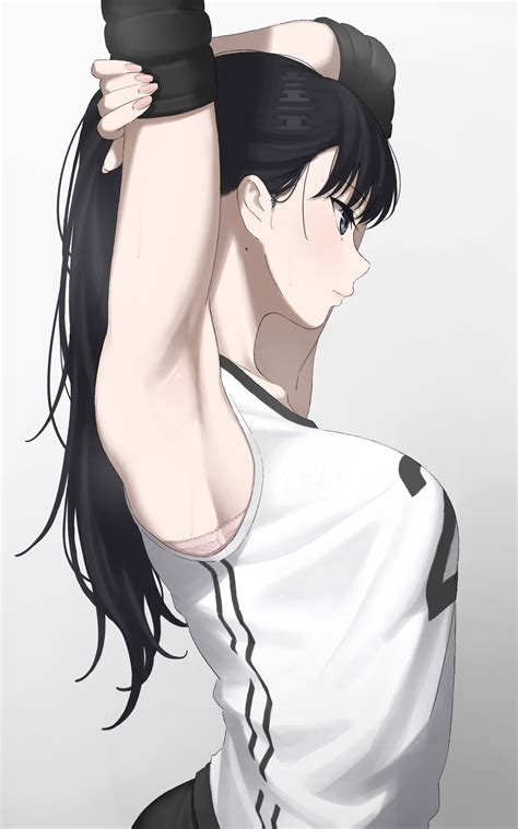 Anime Anime Girls Black Hair Ponytail Blue Eyes Sportswear Stretching Wallpaper Resolution
