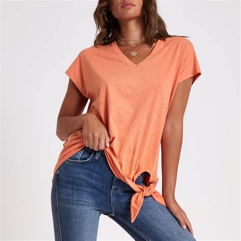 Orange V Neck Knot Front T Shirt Womens Tops Tops Women