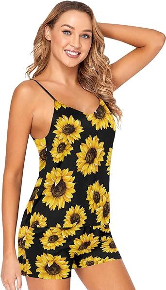 Black Sunflowers Pajamas Womens Sexy Lingerie Satin Sleepwear Cami Shorts Set Nightwear Amazon