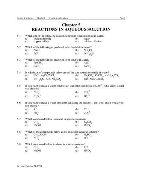 Review Questions — Chapter 5 — Reactions In Solution Chapter 5