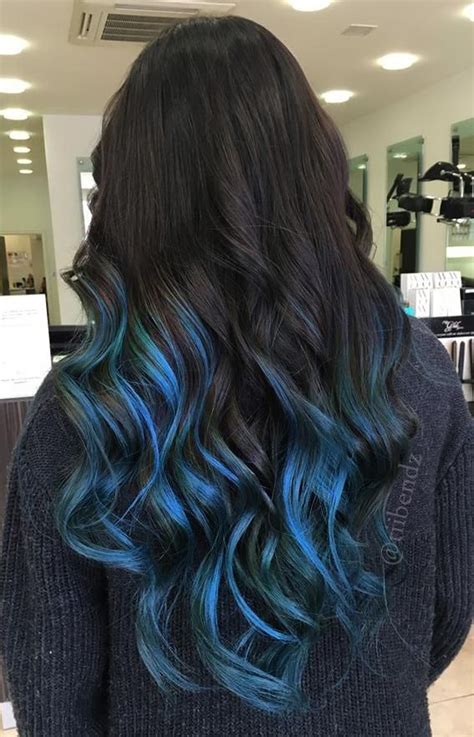 Blending gray hair with dark brown hair has never looked better! Mermaid blue balayage | Blue hair highlights, Blue tips ...