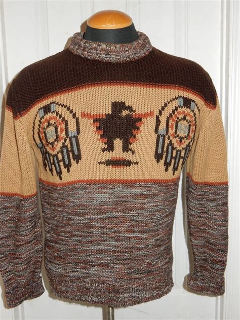 Vtg Mens Southwest Aztec Tribal Sweater Space Dyed Thunderbird Sz Ml
