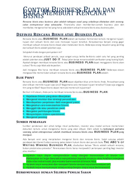 Doc Contoh Business Plan Dan Cara Membuat Rencana Bisnis Bayu