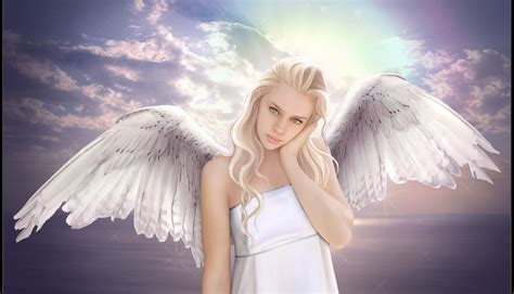 Angel Blonde Girl Sky Sun Clouds Dress Sea Wings Wallpapers Hd