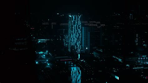 Edificios En Ciudad De Noche Con Iluminación Neón Azul Fondo De