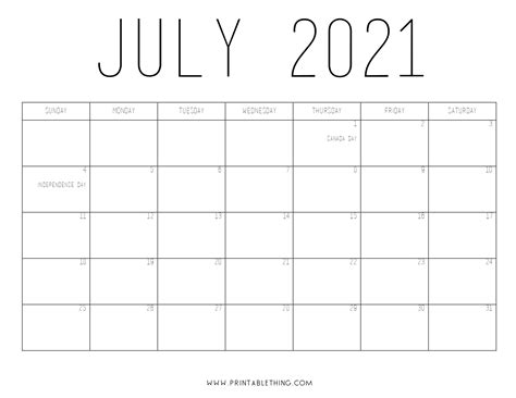 July 2021 Calendar PDF, July 2021 Calendar Image, Print PDF & Image