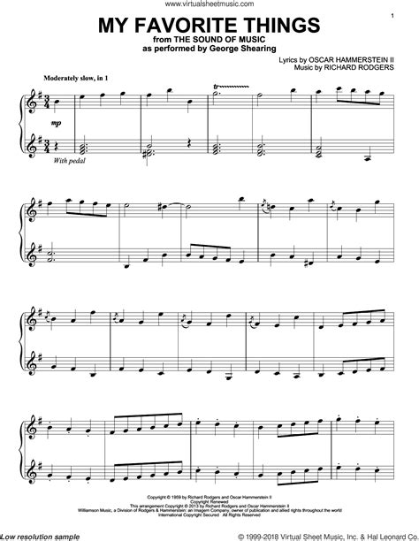 Hammerstein My Favorite Things Intermediate Sheet Music For Piano Solo