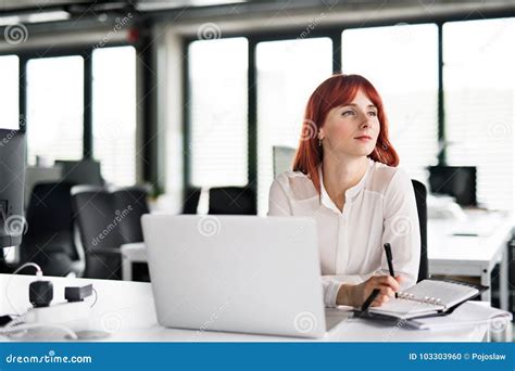 Businesswoman With Computer In Her Office At The Desk Working Stock
